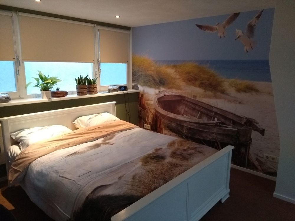 Oude vissersboot, meeuwen, strand en zee