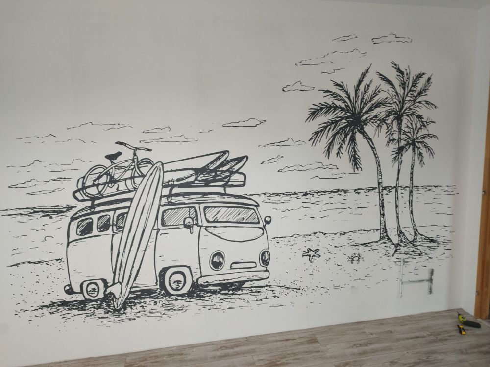 Zwart-wit getekende strand