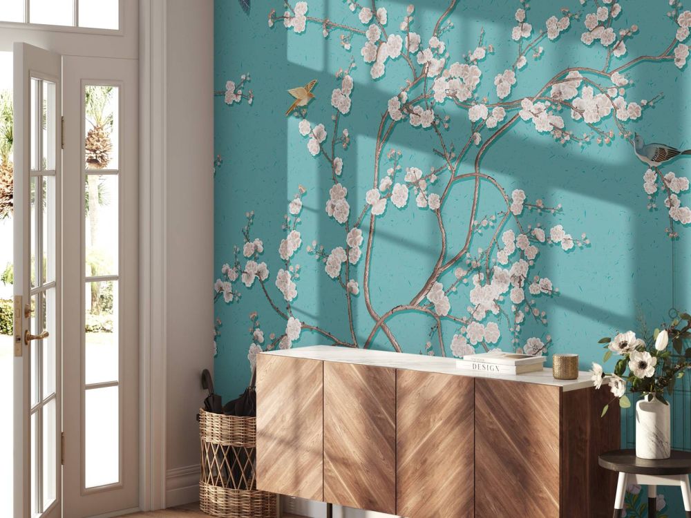 Getekende bloesemboom met vogels