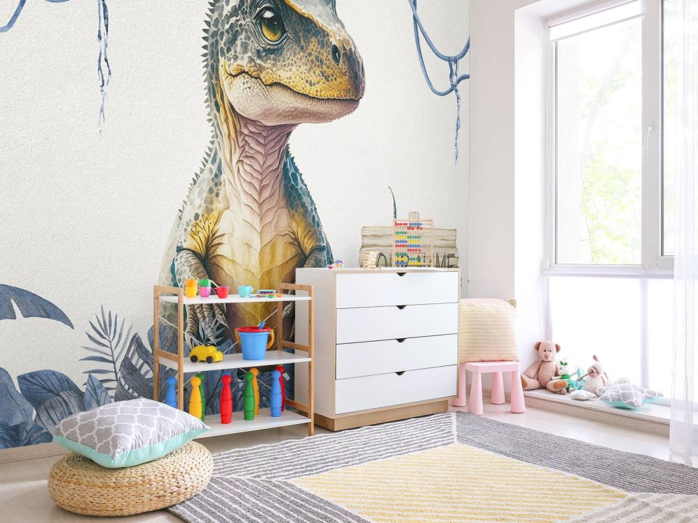 Baby t-rex in de jungle blauw