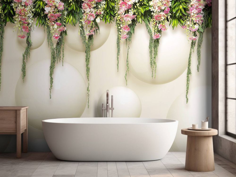 Hangende roze bloemen over 3D muur