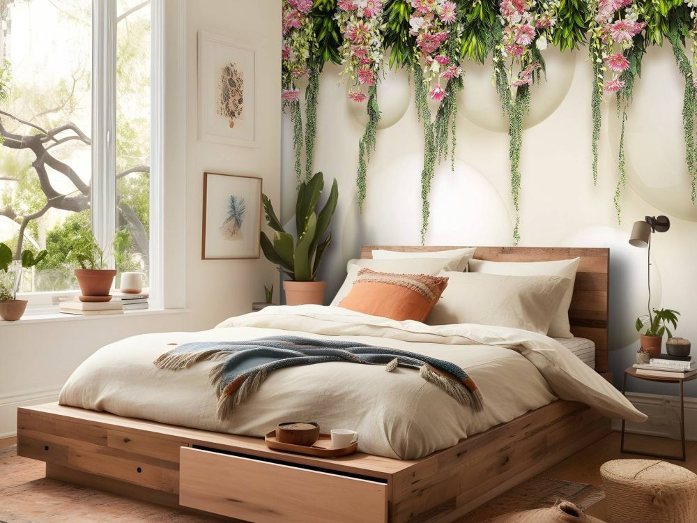 Hangende roze bloemen over 3D muur