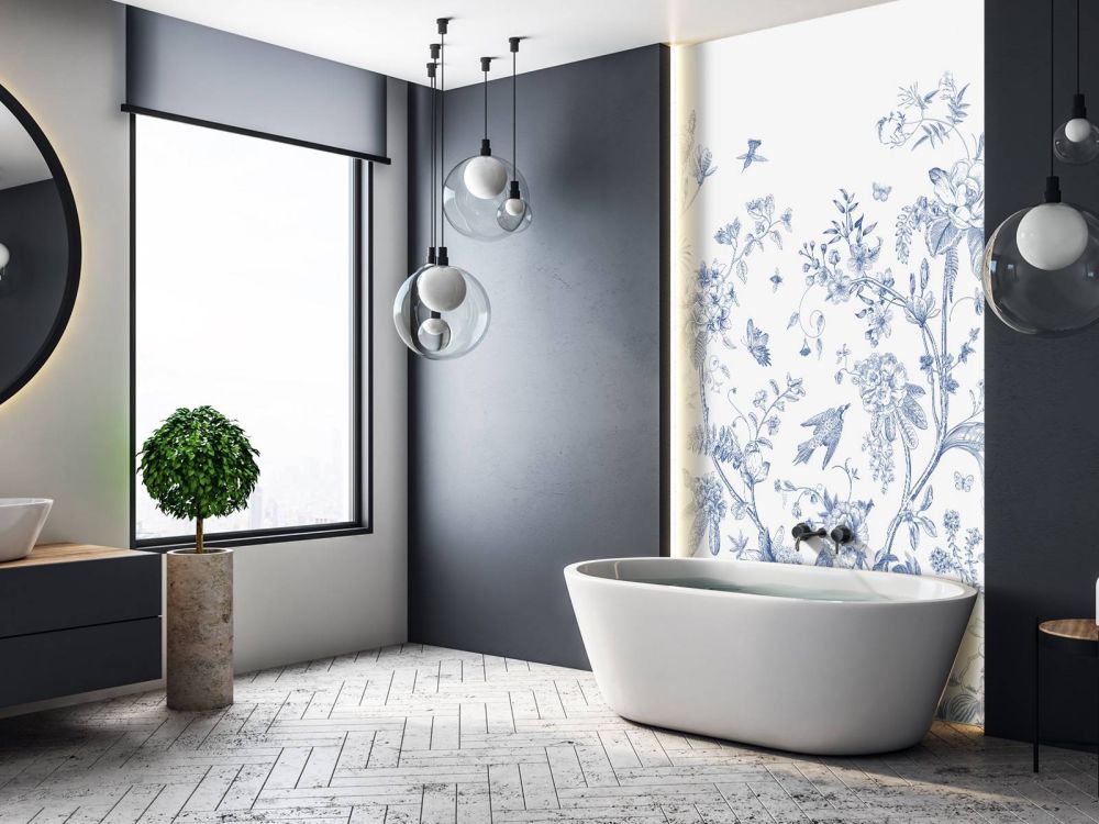 Bloemen illustratie, blauw-wit