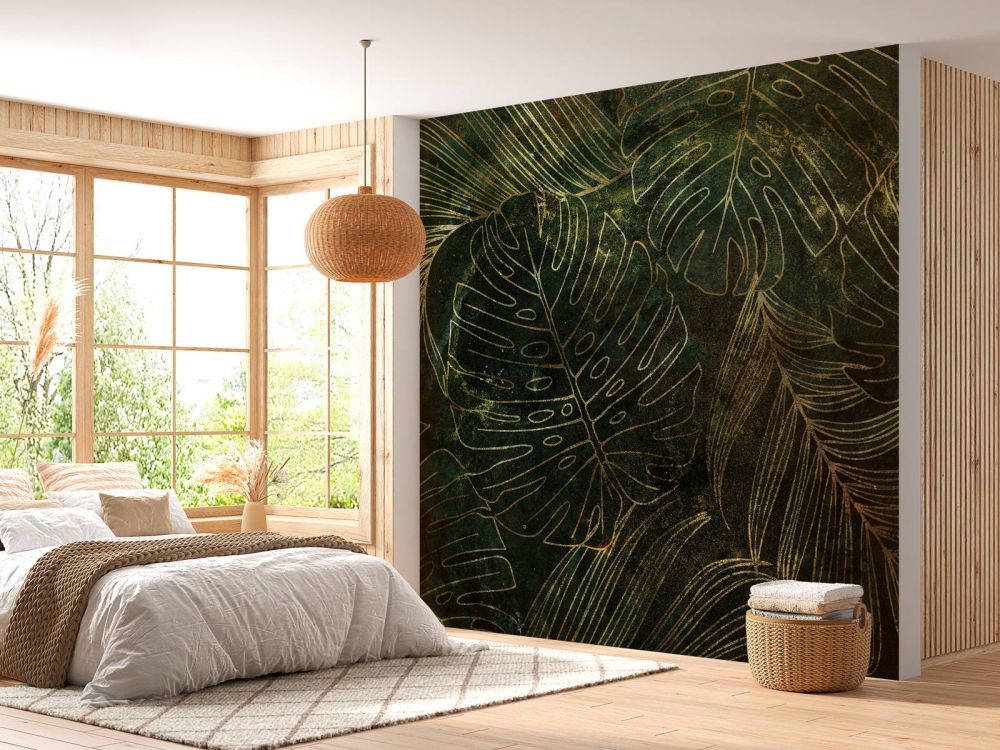Groene structuur met gouden bladeren