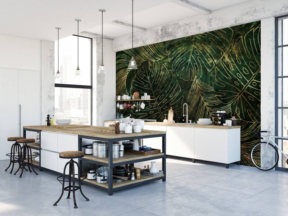 Groene structuur met gouden bladeren