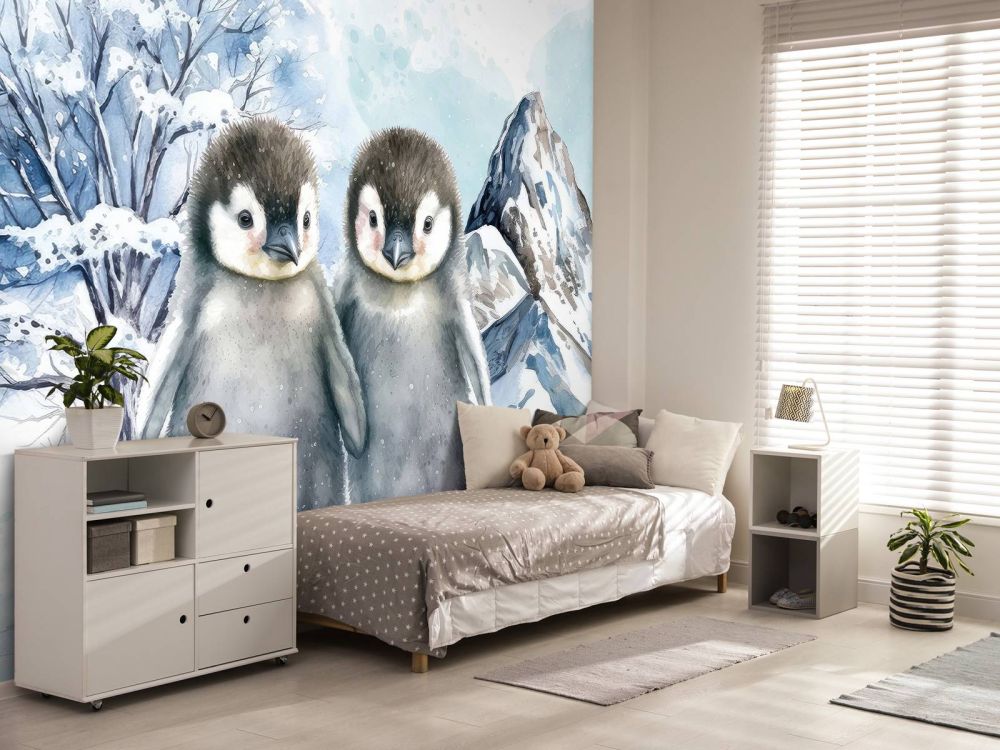 Schattige pinguïns in winterlandschap