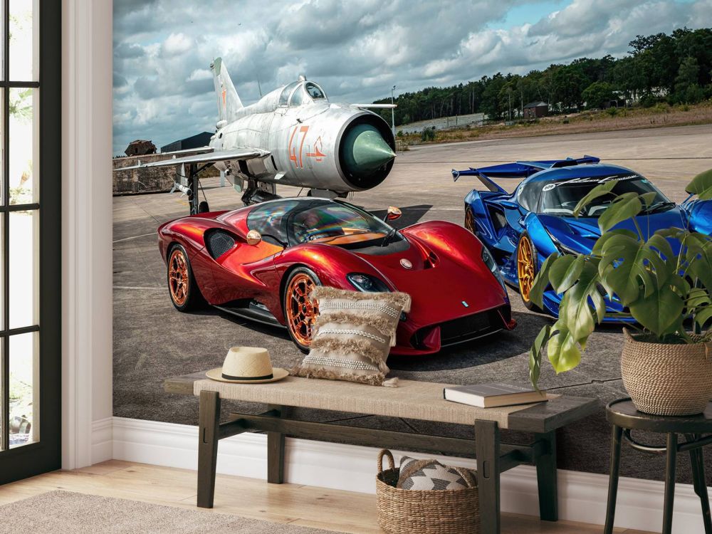 Supercars bij gevechtsvliegtuig