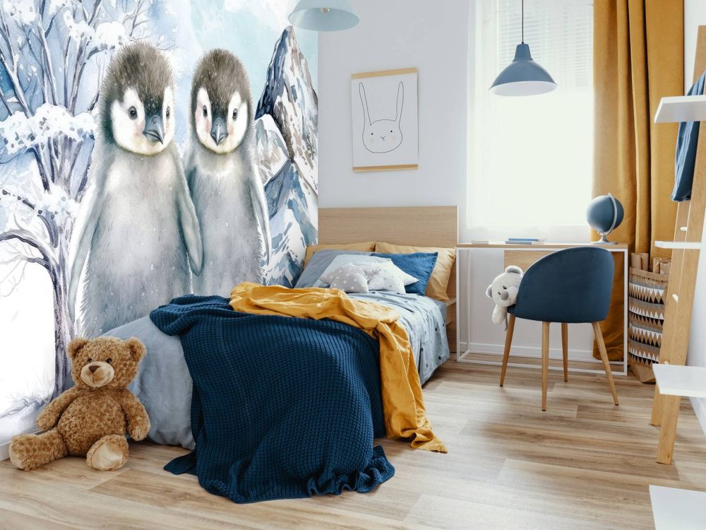 Schattige pinguïns in winterlandschap