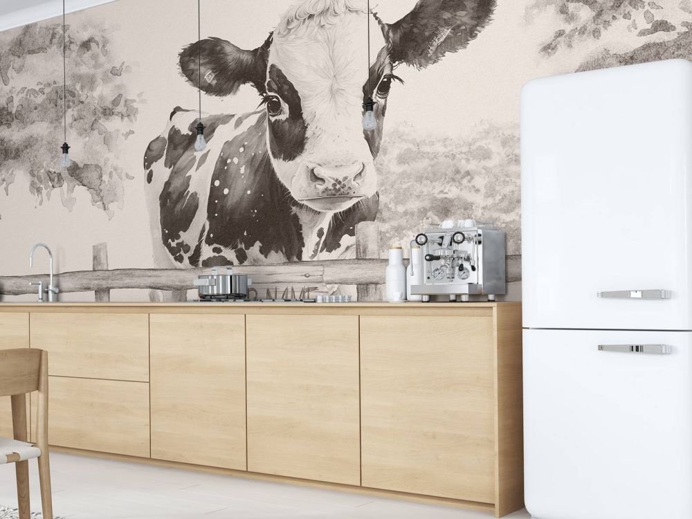 Jonge koe in een weiland beige