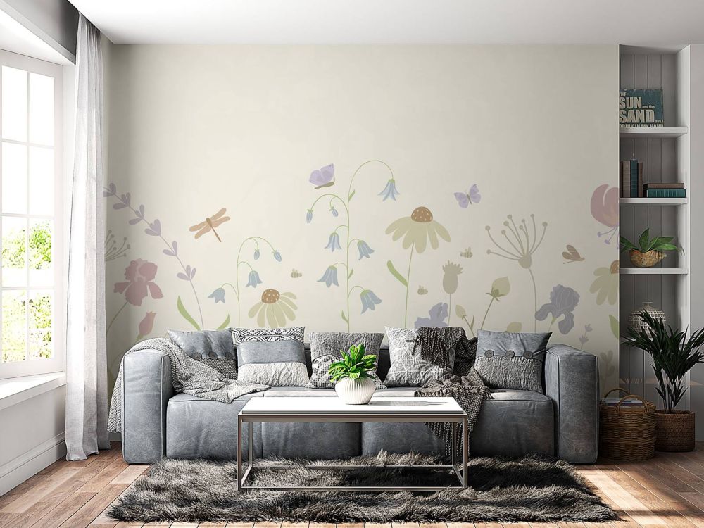 Bloemenveld hoog met vlinders beige, oud roze, groen en lila