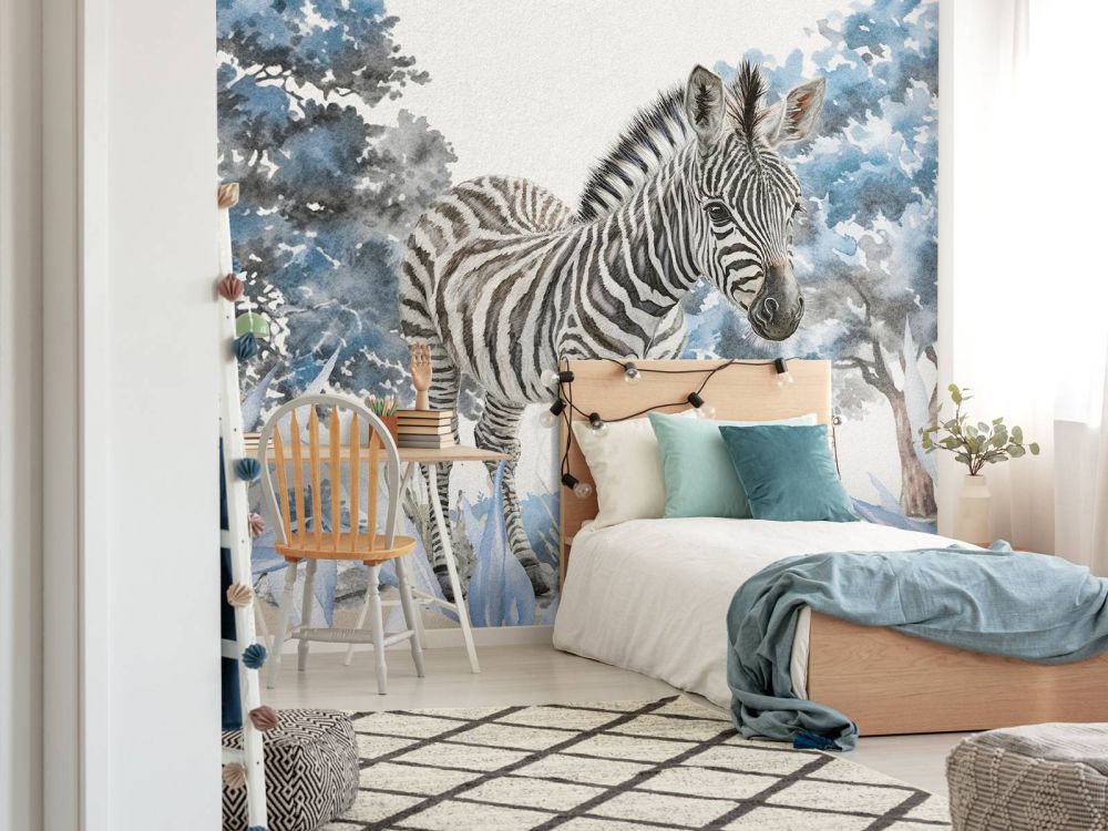Jonge zebra in de natuur blauw