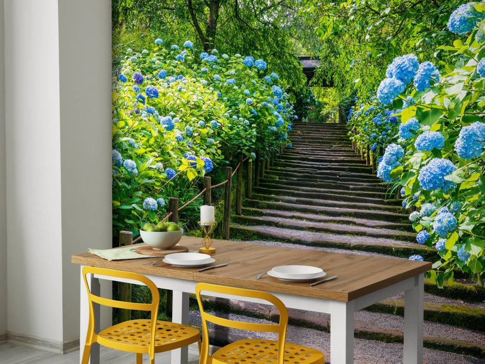 Trap tussen hortensia's