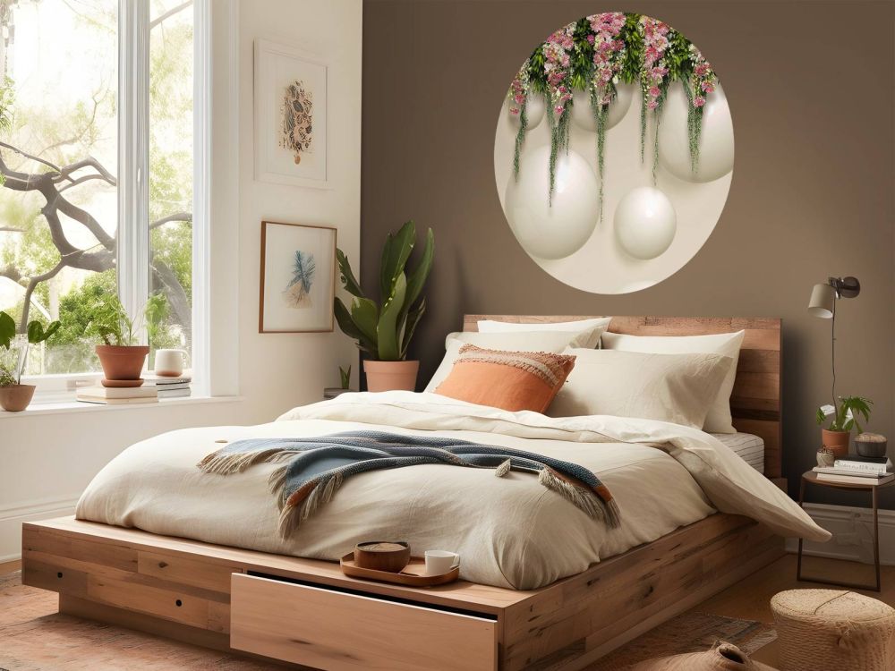 Hangende roze bloemen over 3D muur
