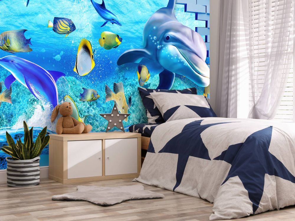 Dolfijnen achter een muur