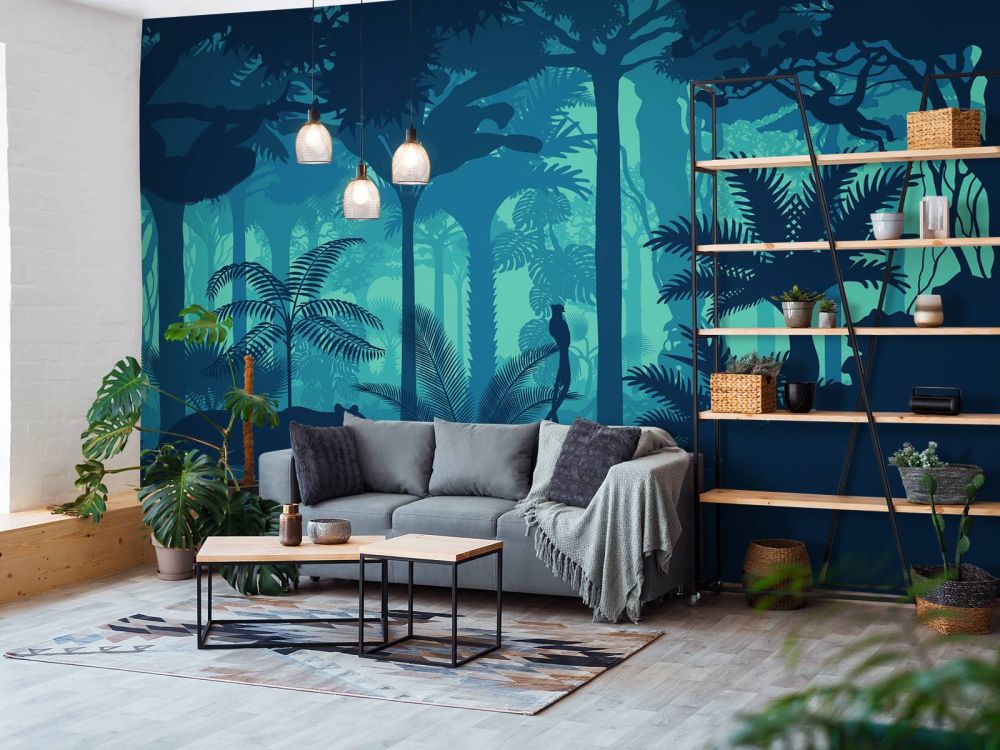 Blauwe jungle silhouetten