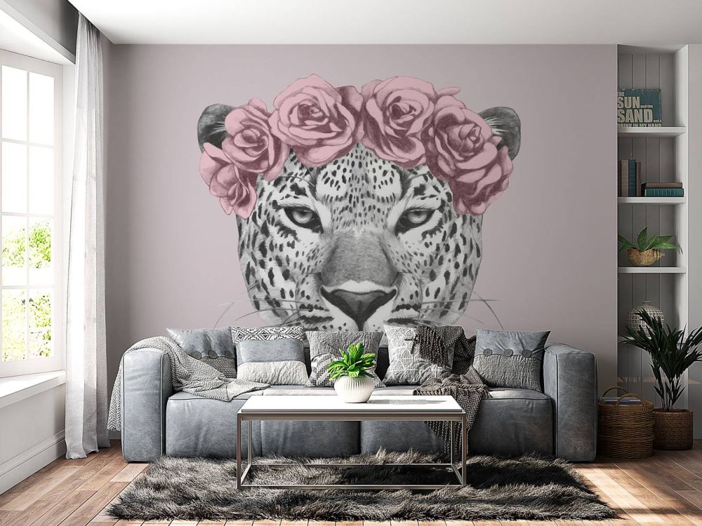 Luipaard met roze bloemen