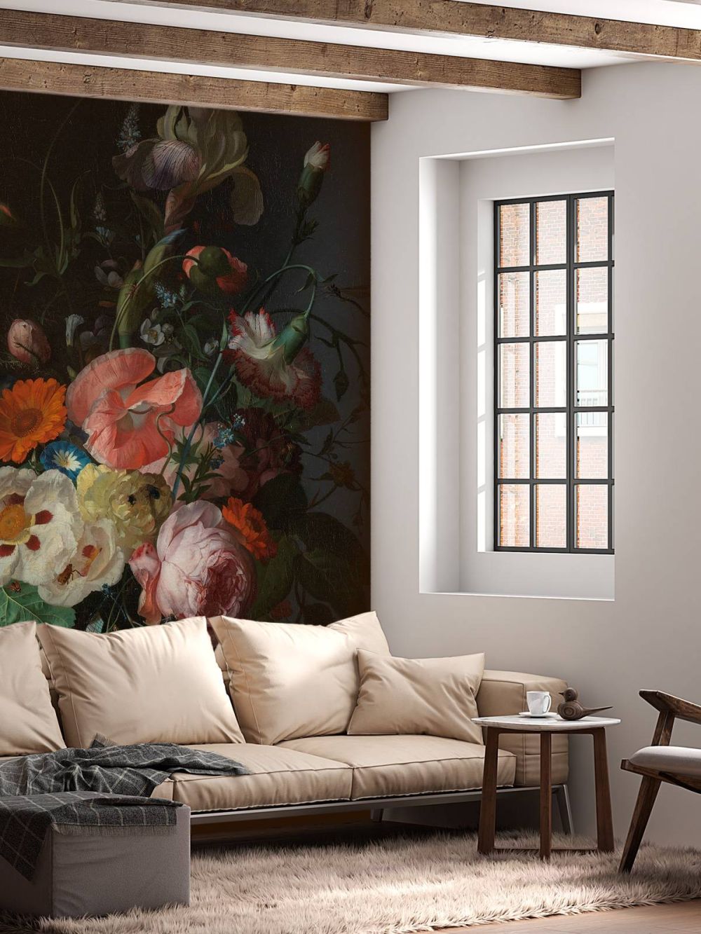 Stilleven met bloemen op een marmeren tafelblad