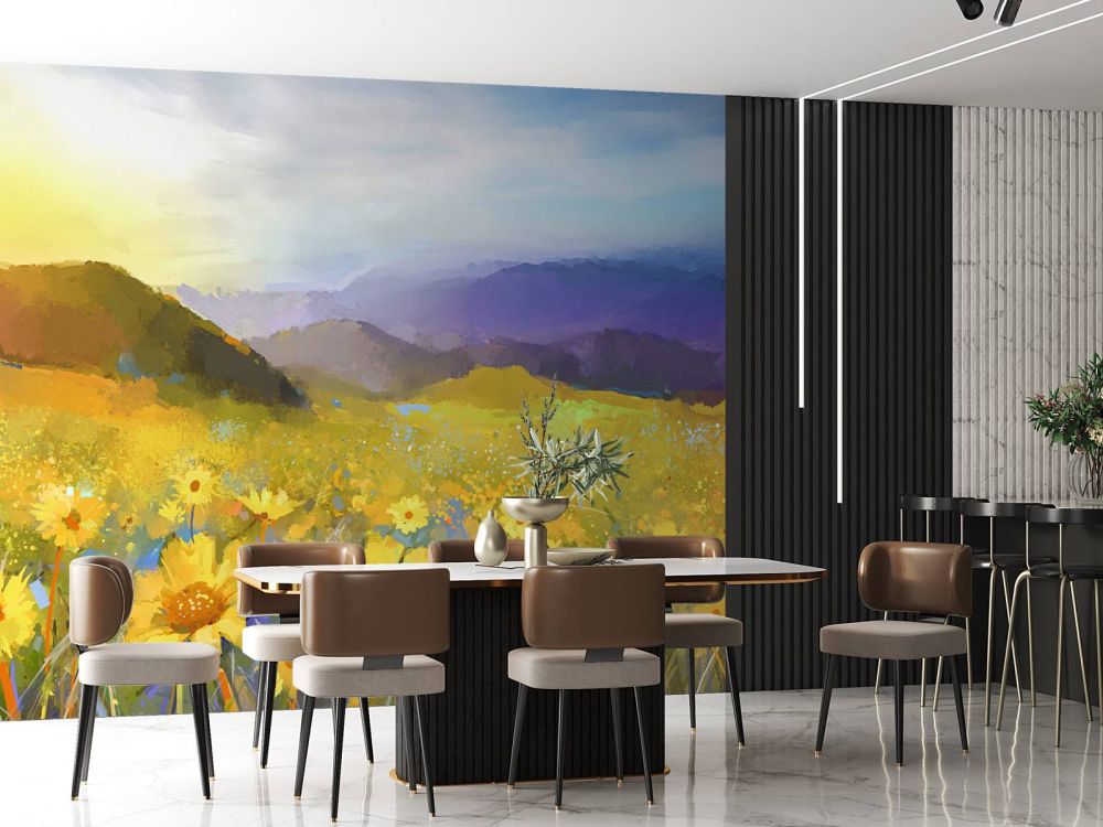 Olieverfschilderij landelijke zonsondergang
