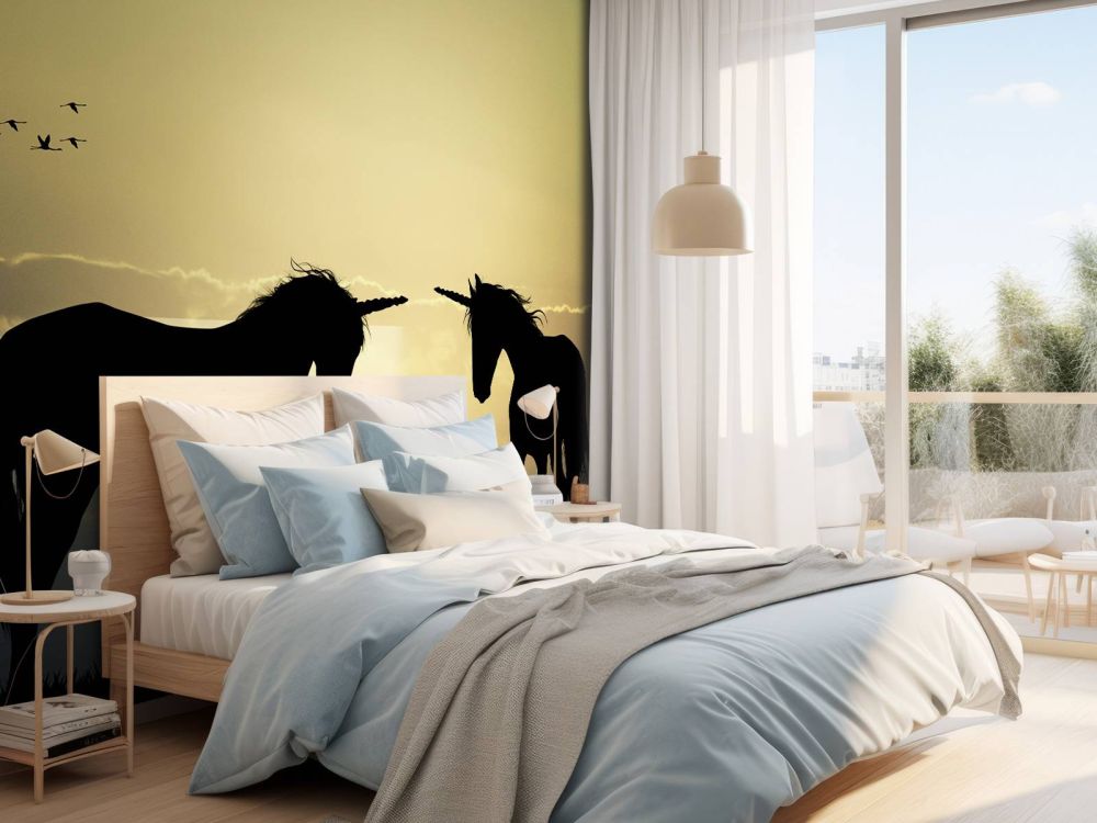 Unicorns bij een zonsondergang