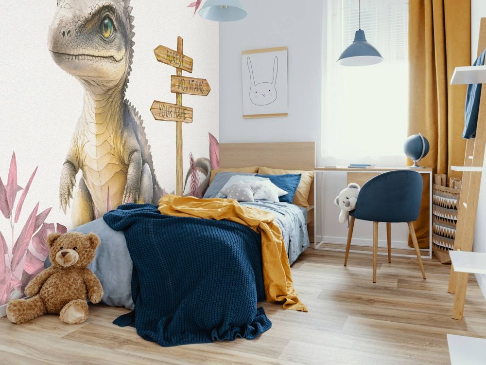 Baby spinosaurus in de jungle roze