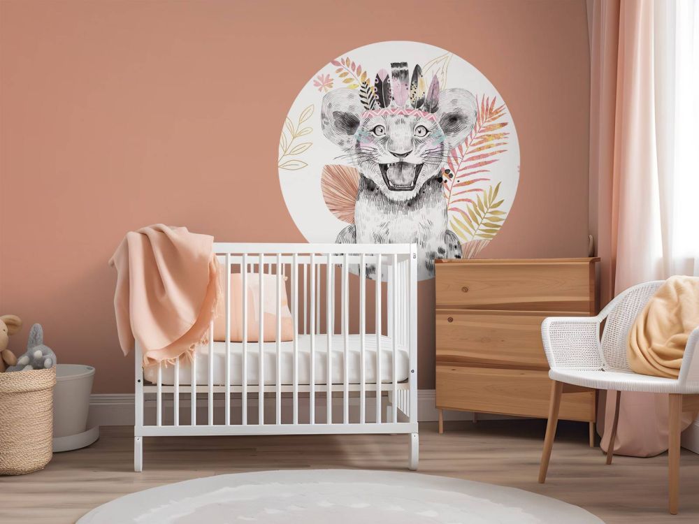 Babyleeuwin met koraalroze en gouden bladeren