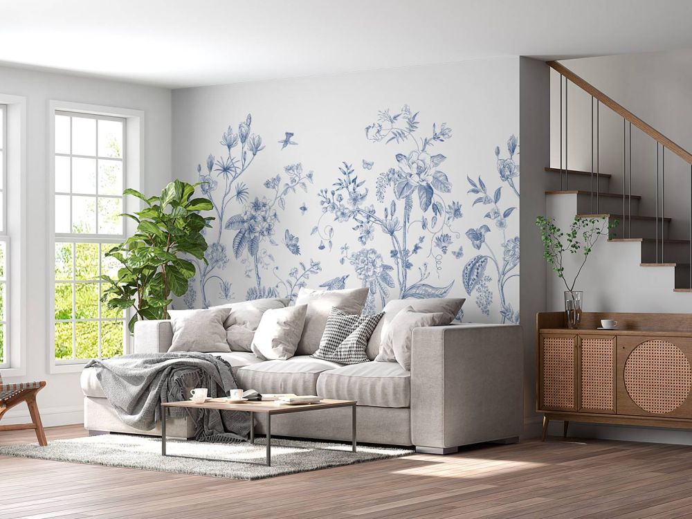 Bloemen illustratie, blauw-wit