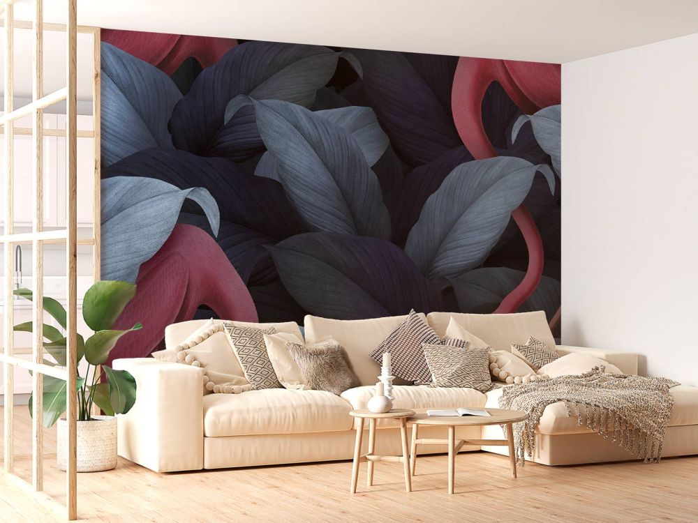 Flamingo's met bladeren