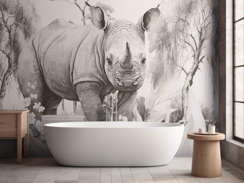 Baby neushoorn op de savanne beige