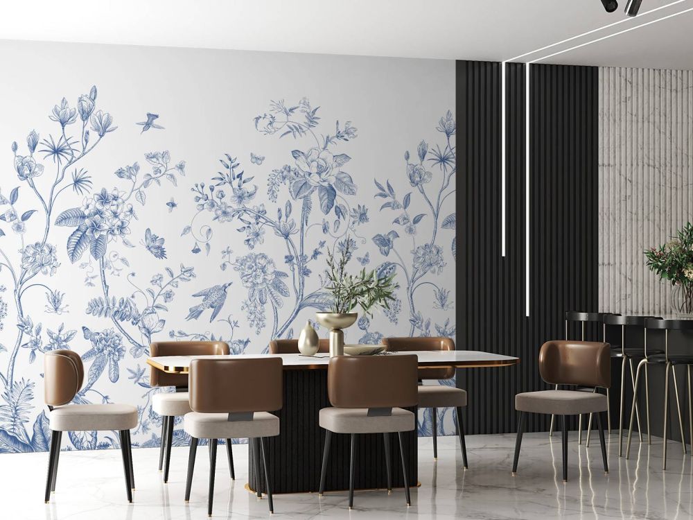 Bloemen illustratie, blauw-wit