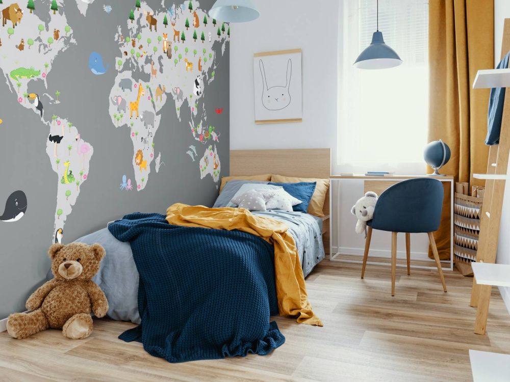 Wereldkaart voor kinderen met grijze achtergrond