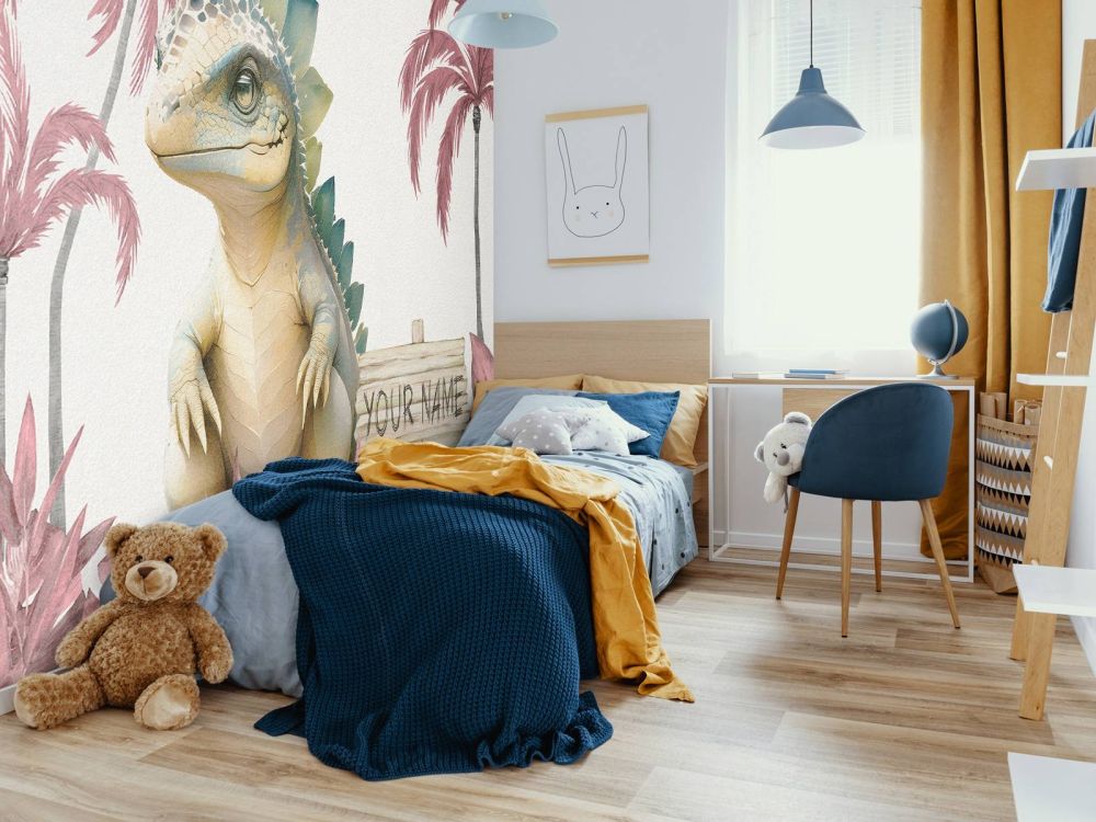 Baby stegosaurus in de jungle roze