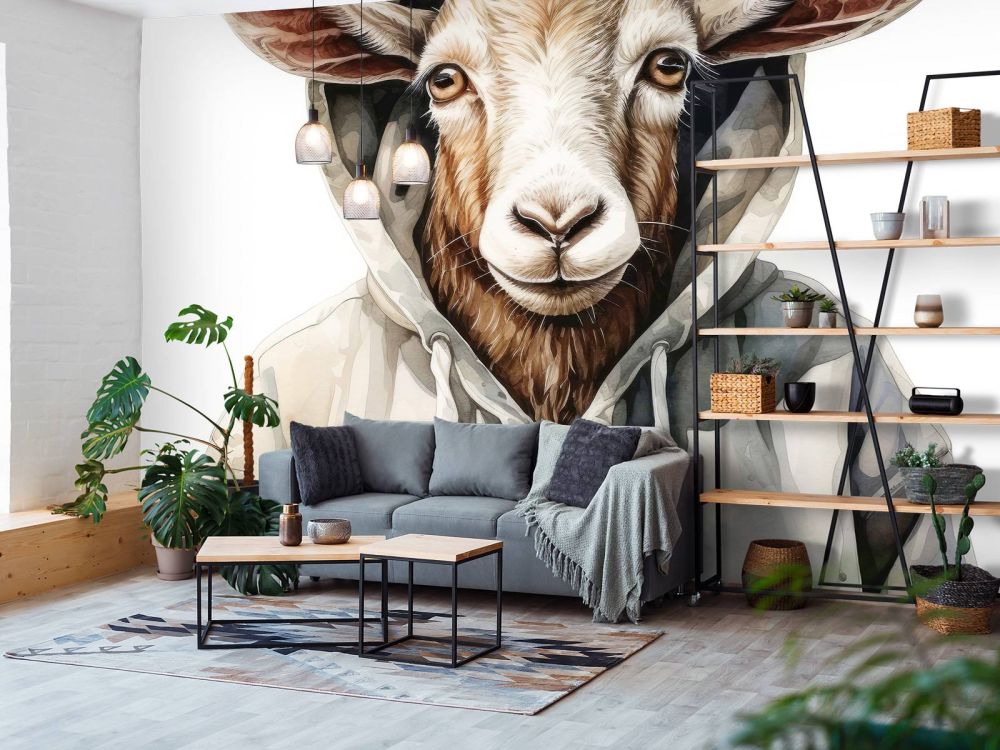 Watercolor Cartoon Goat in a Hoodie