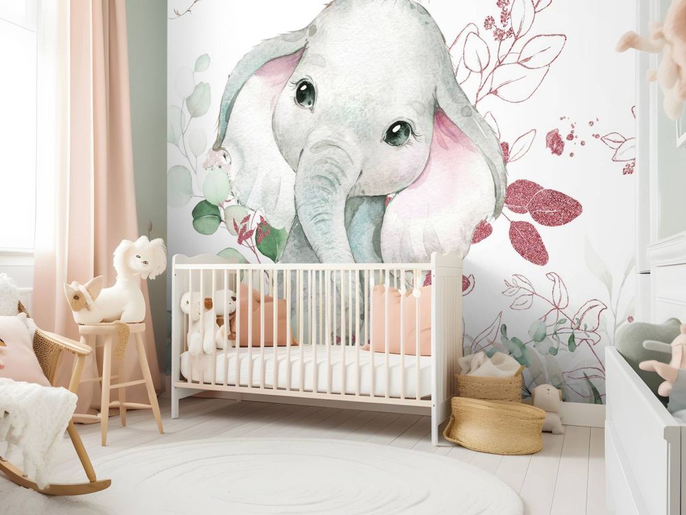 Olifantenbaby met munt en roze bladeren