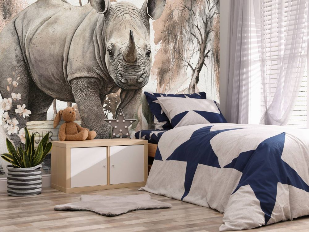 Baby neushoorn op de savanne taupe