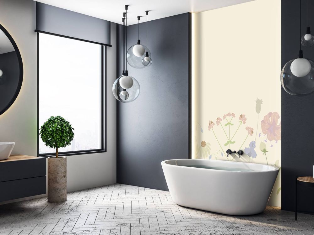 Bloemenveld beige, oud roze, groen en lila