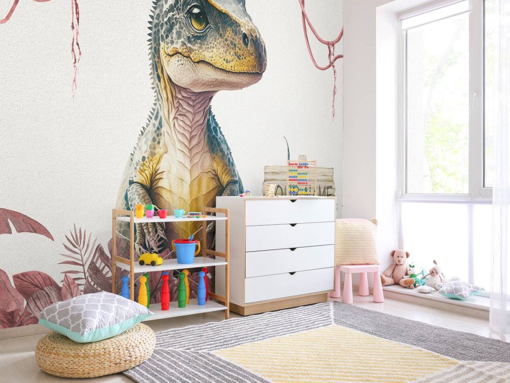 Baby t-rex in de jungle roze