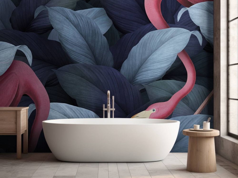 Flamingo's met bladeren