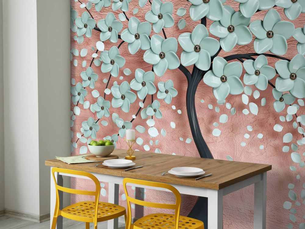 Zwarte fantasieboom met mintkleurige bloemen