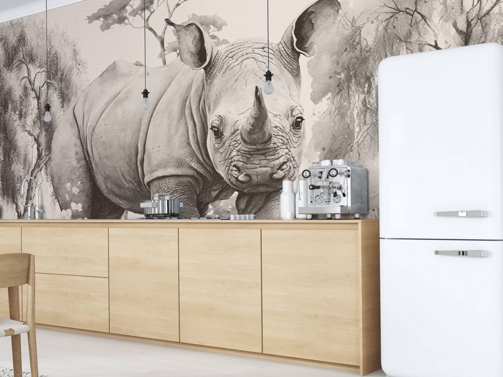 Baby neushoorn op de savanne beige