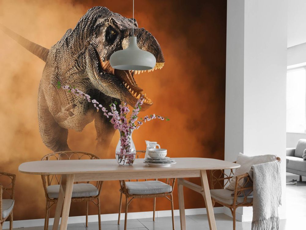 Tyrannosaurus lopend door de rook