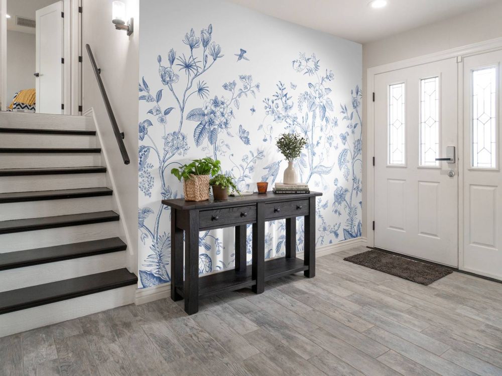 Bloemen illustratie, blauw-wit