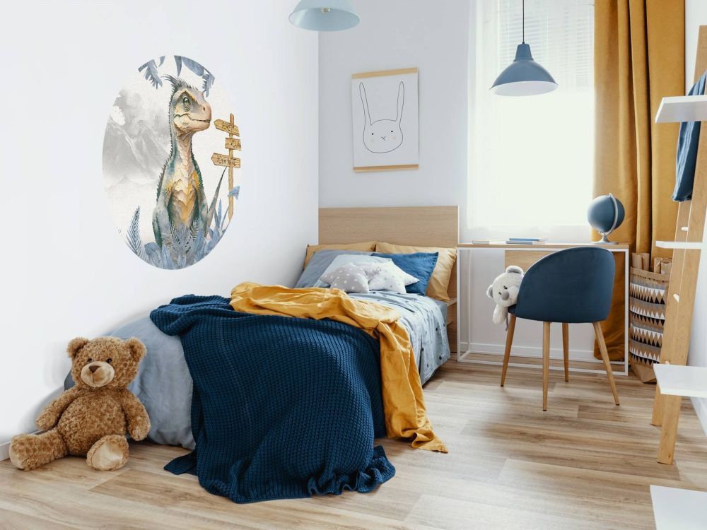 Baby velociraptor in de jungle blauw
