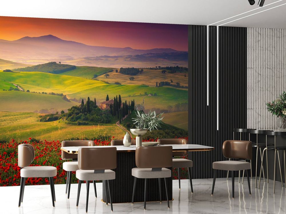 Rode klaprozen met Italiaans landschap