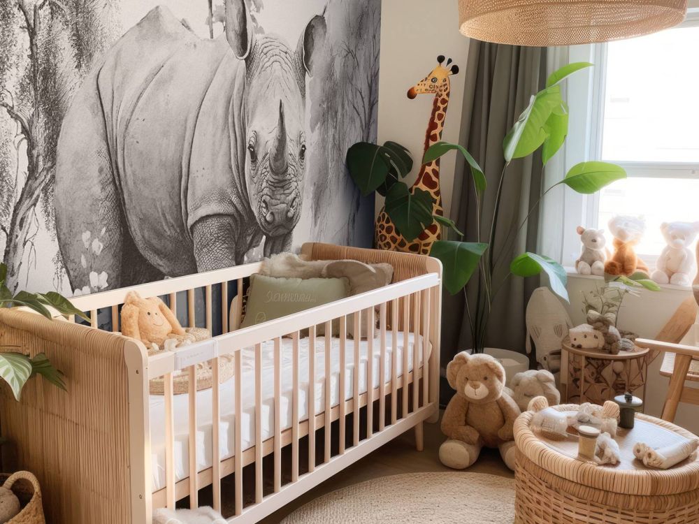 Baby neushoorn op de savanne beige