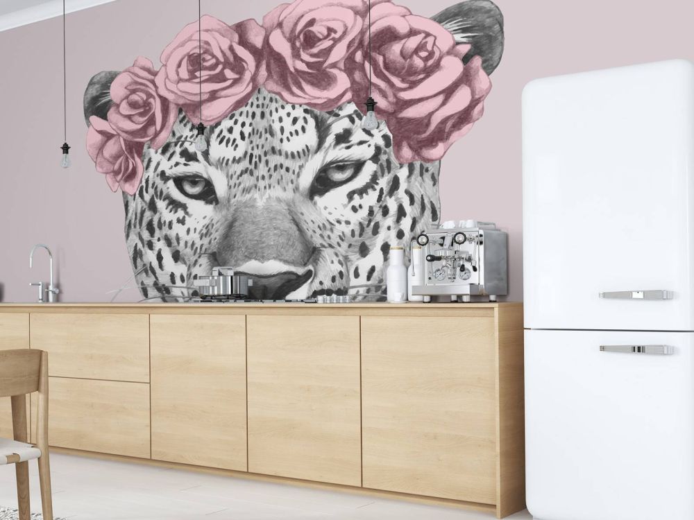Luipaard met roze bloemen
