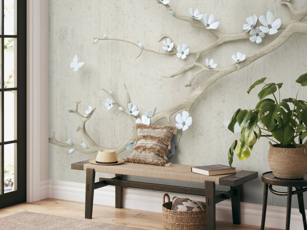 Tak met witte bloemen op houten achtergrond