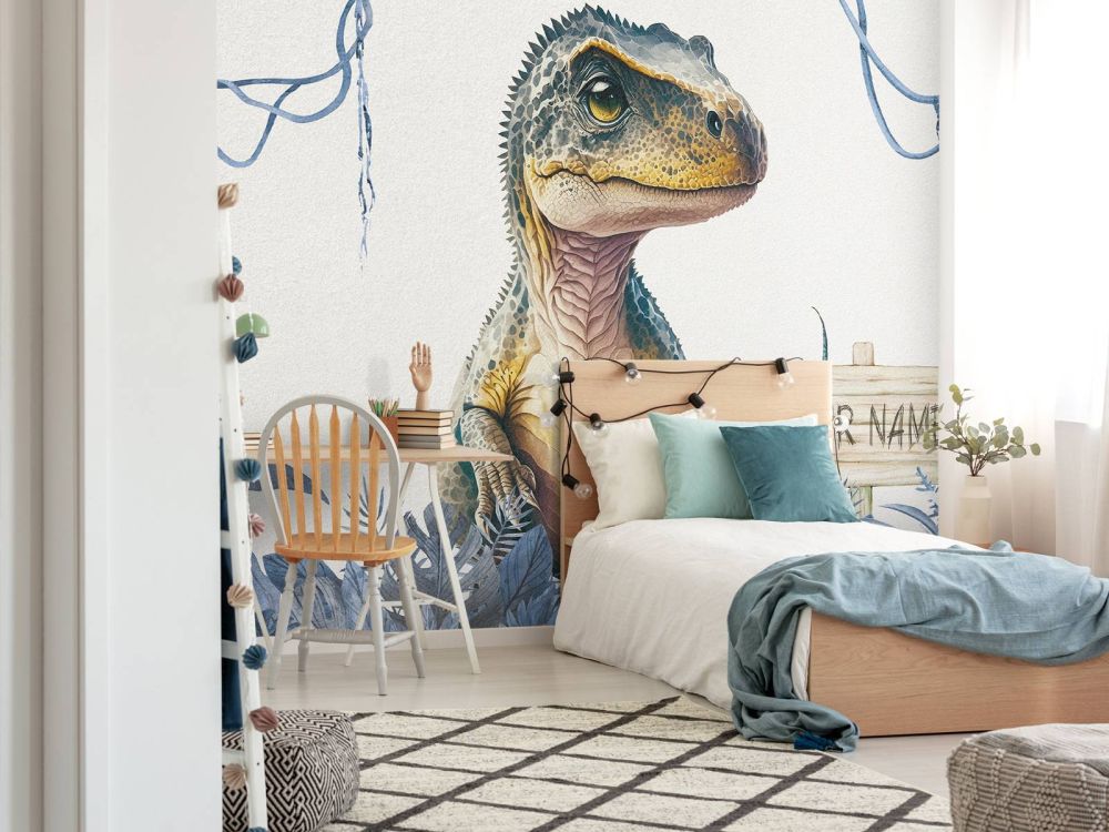 Baby t-rex in de jungle blauw