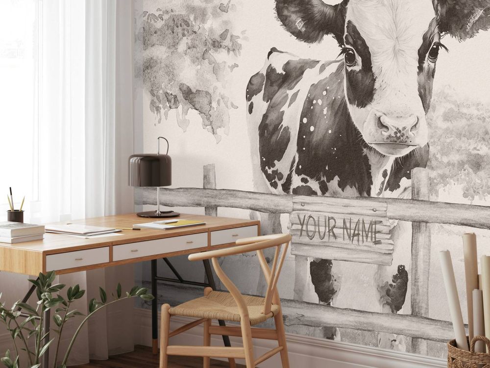 Jonge koe in een weiland beige