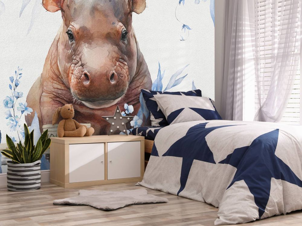 Baby nijlpaard in de bladeren blauw
