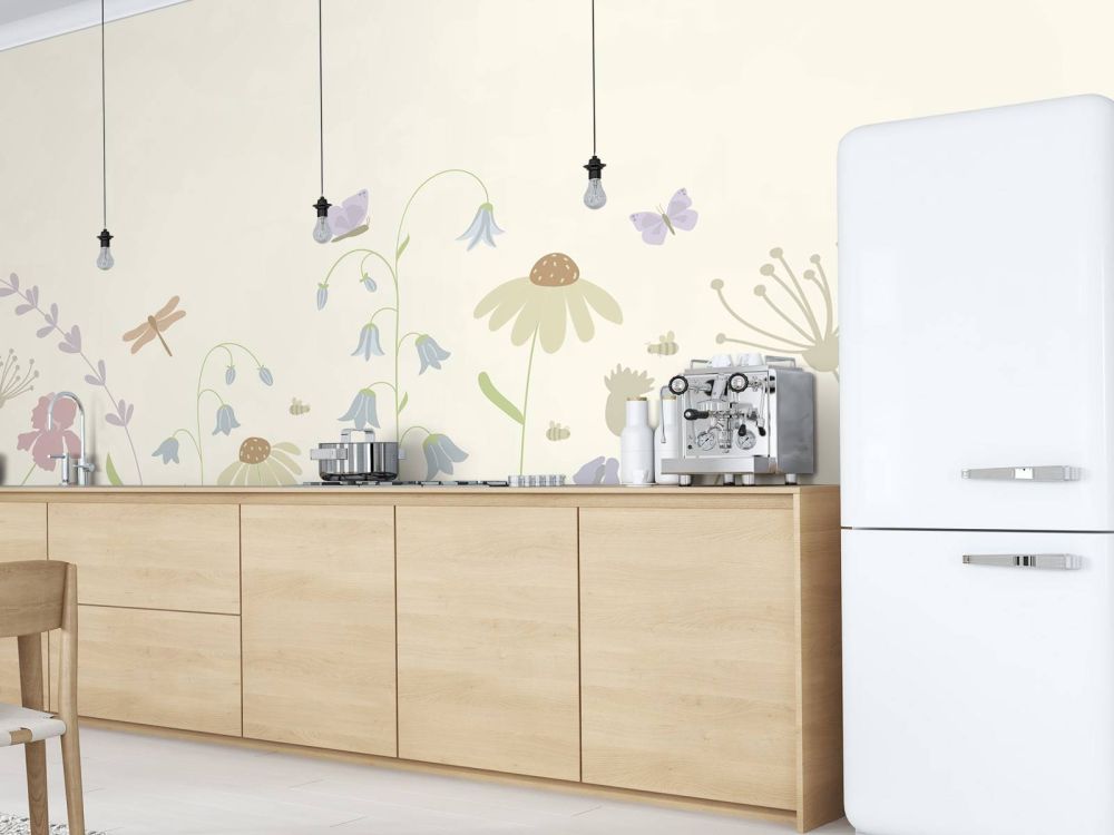Bloemenveld hoog met vlinders beige, oud roze, groen en lila